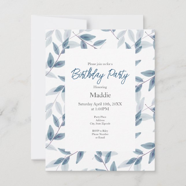 Slate Blue Layered Watercolor Leaves Pattern Invitation (Front)