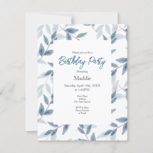 Slate Blue Layered Watercolor Leaves Pattern Invitation