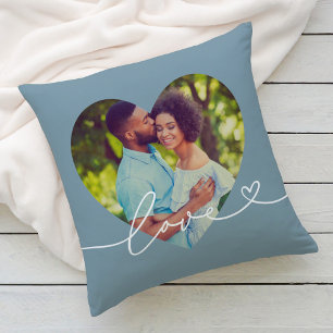 Slate Blue Love Script Heart Photo Cushion