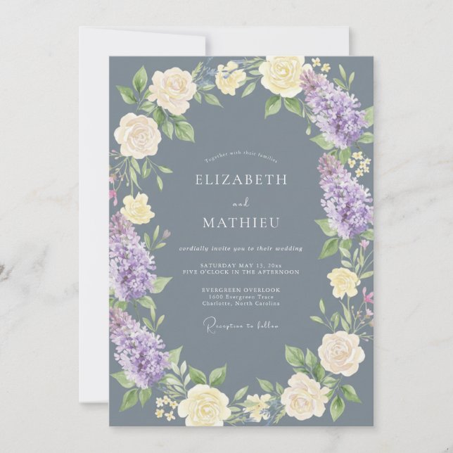 Slate Blue Lush Floral Wedding Invitation (Front)