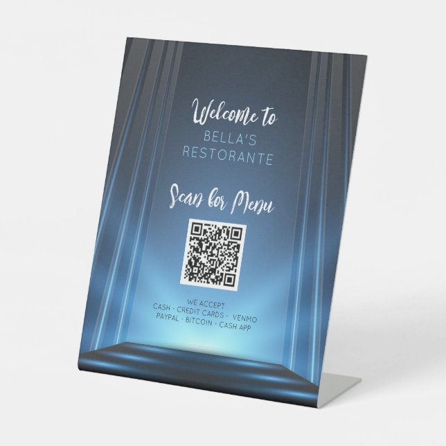 Slate Blue Menu Restaurant QR Code Table Sign (Front)
