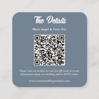 Slate Blue Monogram QR Code Wedding Details Square Business Card