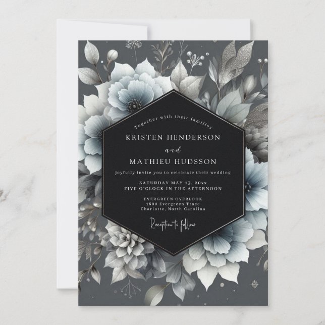 Slate Blue Moody Bloom Wedding Invitation (Front)