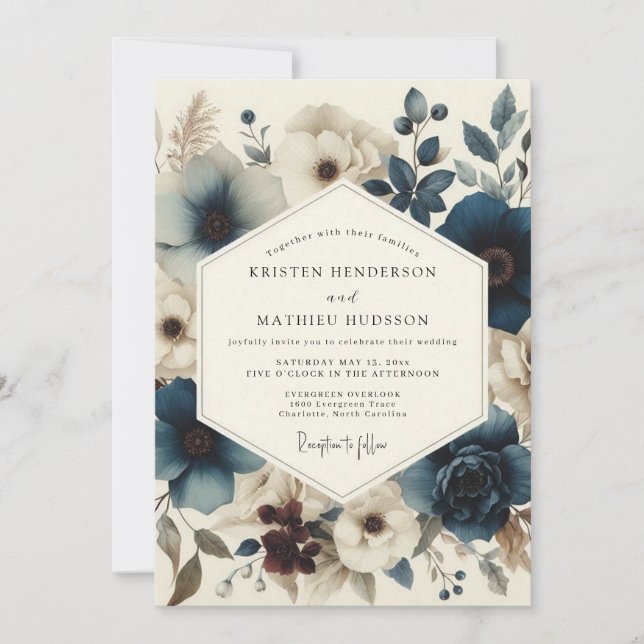 Slate Blue Moody Botanical Wedding Invitation (Front)