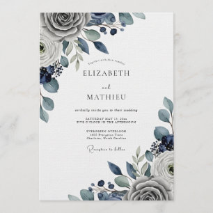 Slate Blue Moody Floral Wedding Invitation