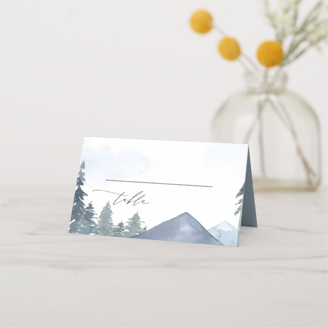 Slate Blue Mountains Forest Wedding Monogrammed Place Card (Front)