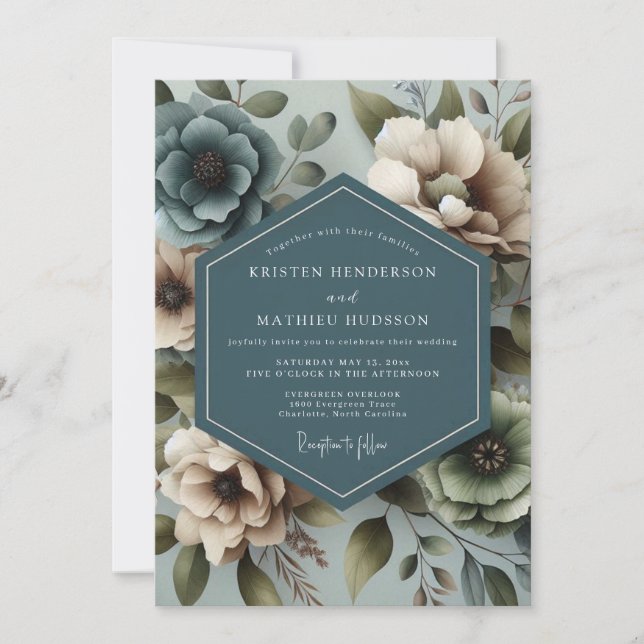 Slate Blue Muted Floral Wedding Invitation (Front)