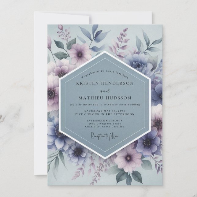 Slate Blue Mystical Bloom Wedding Invitation (Front)