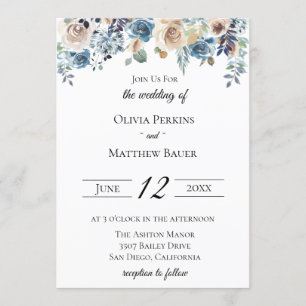 Slate Blue Neutral Floral Wedding Invitation