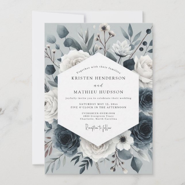 Slate Blue Nocturne Bloom Wedding Invitation (Front)