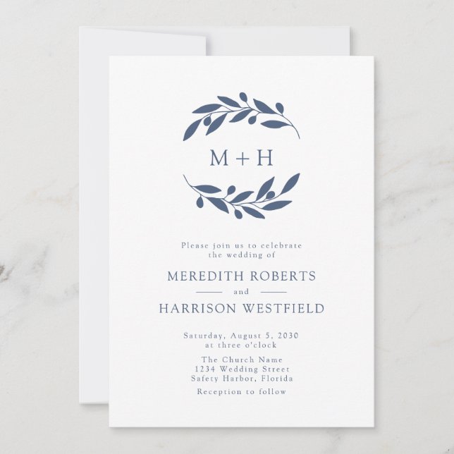 Slate Blue Olive Branch Monogram Wreath Wedding Invitation (Front)