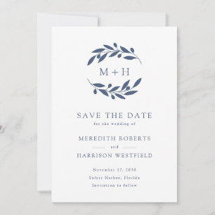 Slate Blue Olive Branch Monogram Wreath Wedding Save The Date