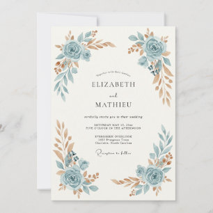 Slate Blue Ornate Rose Wedding Invitation