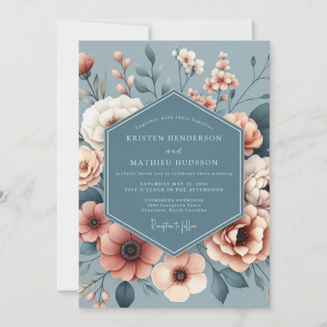 Slate Blue Painterly Bloom Wedding Invitation (Front)