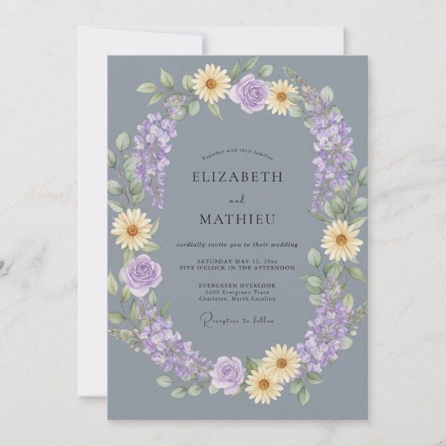 Slate Blue Pale Yellow Floral Wedding Invitation (Front)
