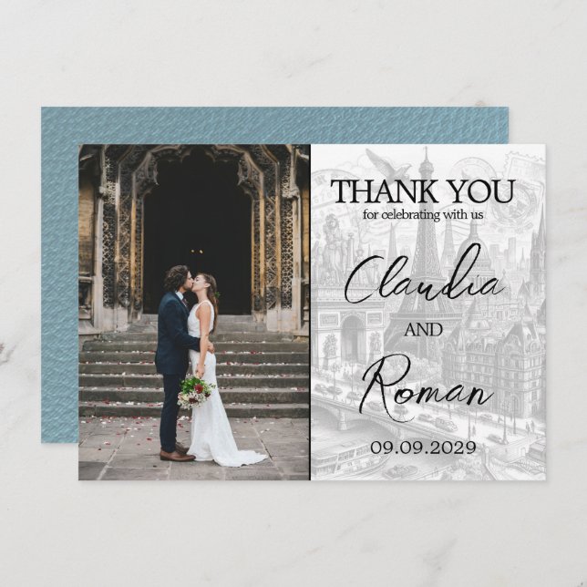Slate Blue Paris Passport Thank You Card (Front/Back)