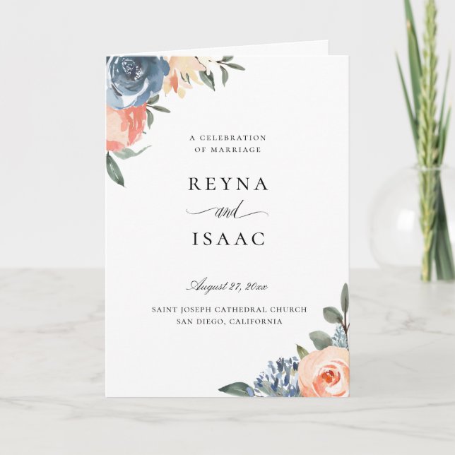 Slate Blue Peach Botanical Floral Wedding Programme (Front)