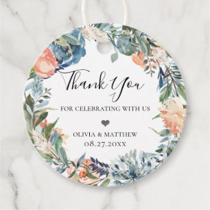 Slate Blue Peach Botanical Wreath Favour Tags