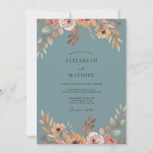 Slate Blue Peach Petal Wedding Invitation