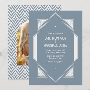 Slate Blue & Pearl White Art Deco Wedding Photo Invitation