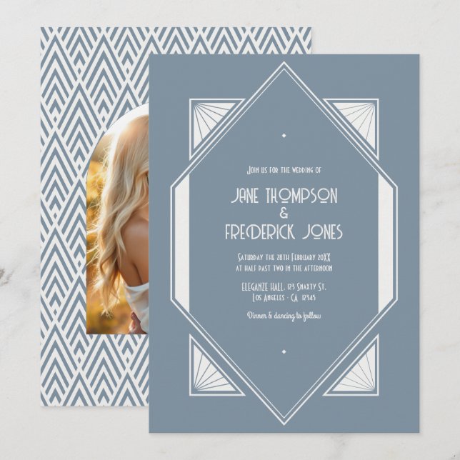 Slate Blue & Pearl White Art Deco Wedding Photo Invitation (Front/Back)