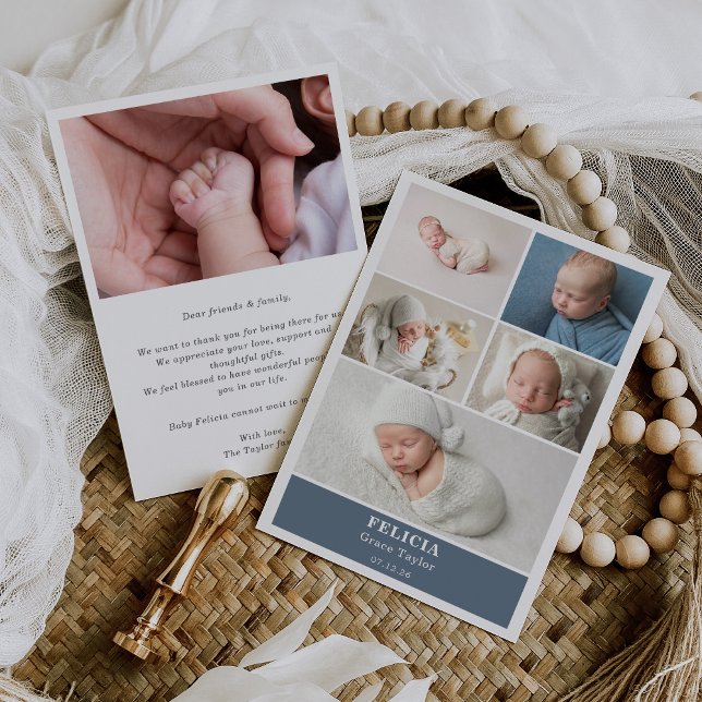 Slate Blue Photo Collage Baby Announcement Card (Creator Uploaded)