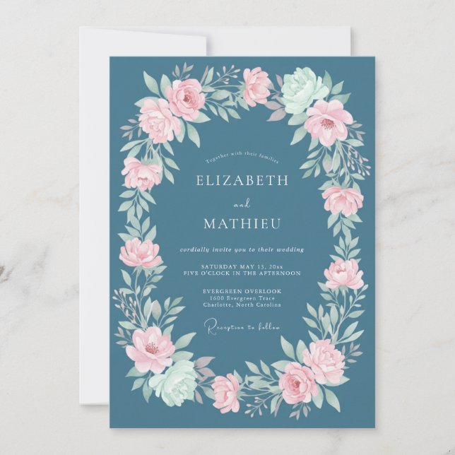 Slate Blue Pink Floral Wedding Invitation (Front)