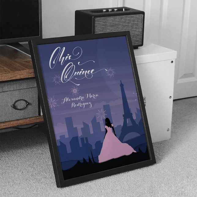 Slate Blue & Pink Paris Fireworks Quinceañera Poster (Creator Uploaded)