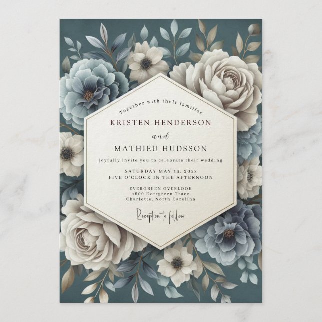 Slate Blue Porcelain Bloom Wedding Invitation (Front)