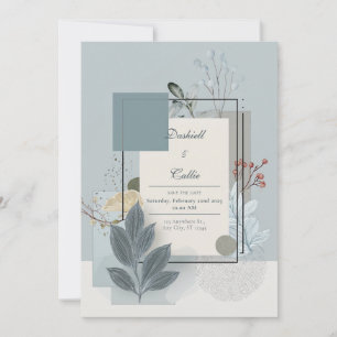 Slate Blue Red Berry Geometric Botanical Wedding Invitation