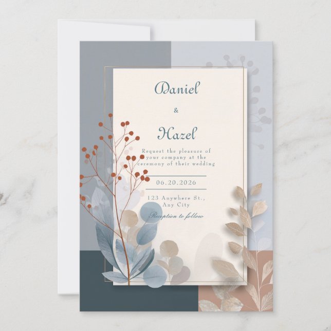 Slate Blue Red Berry Geometric Botanical Wedding Invitation (Front)