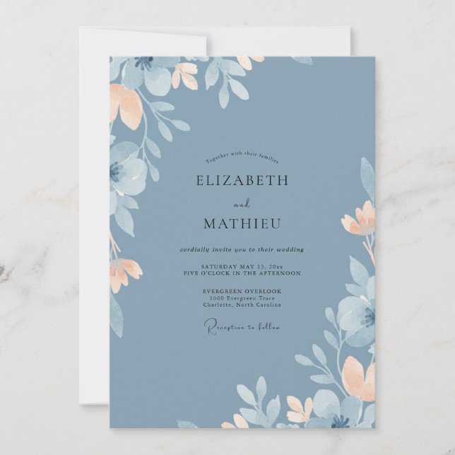 Slate Blue Refined Watercolor Wedding Invitation (Front)