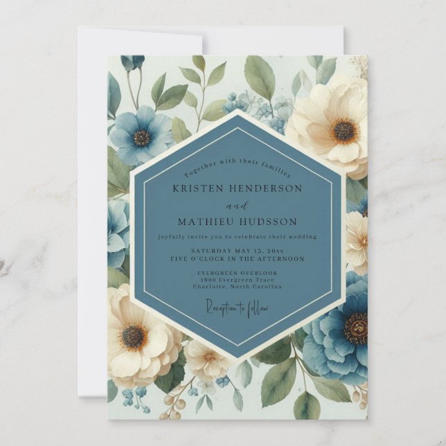 Slate Blue Resplendent Botanical Wedding Invitation (Front)