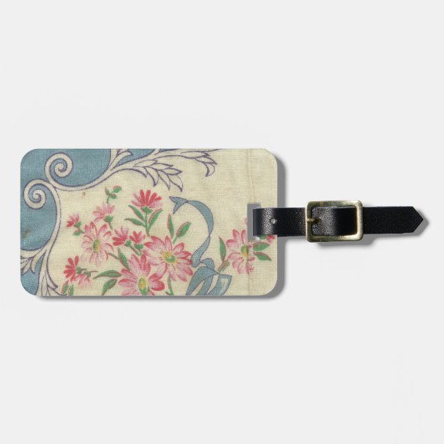 Slate Blue Ribbons Pink Posies Hankie Luggage Tag (Front Horizontal)