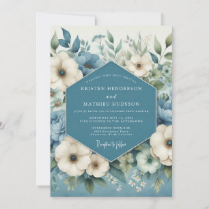 Slate Blue Romantic Anemone Wedding Invitation