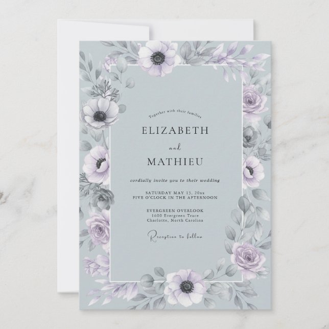 Slate Blue Romantic Anemone Wedding Invitation (Front)