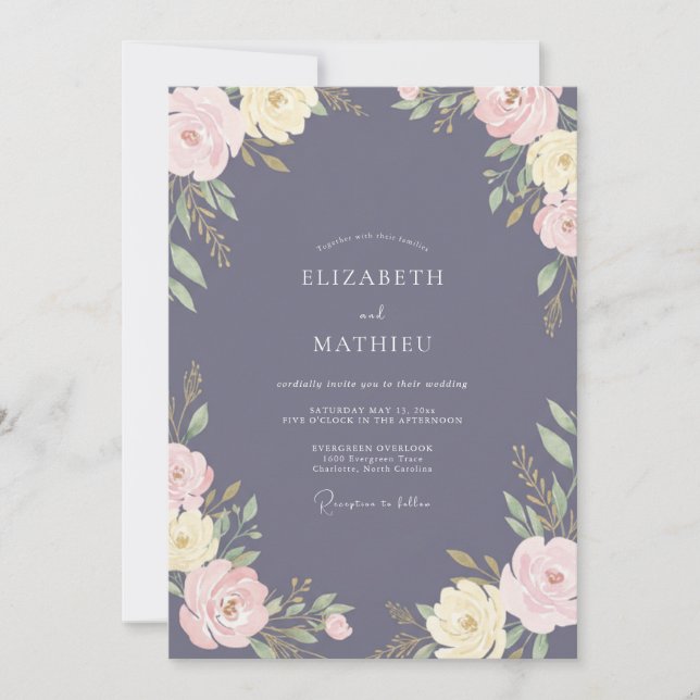 Slate Blue Romantic Floral Wedding Invitation (Front)