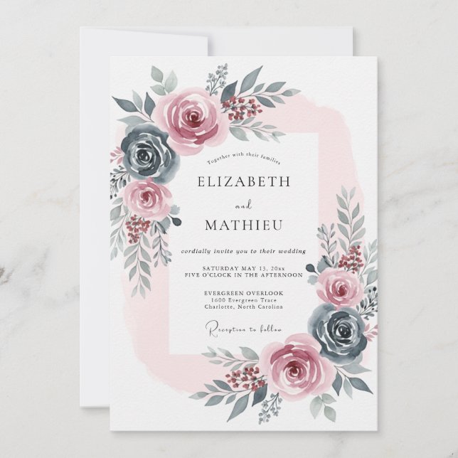 Slate Blue Romantic Rose Wedding Invitation (Front)