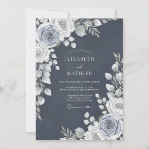 Slate Blue Rose Romance Wedding Invitation