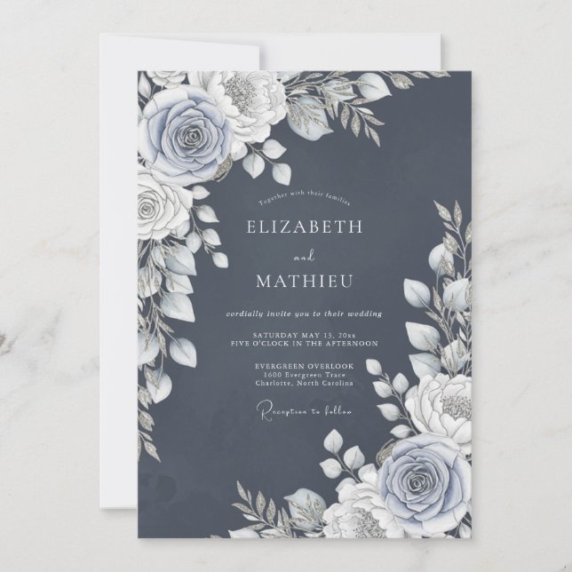 Slate Blue Rose Romance Wedding Invitation (Front)