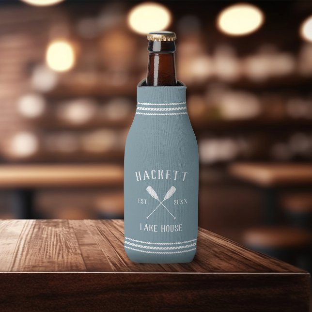 Slate Blue Rustic Oars Personalised Lake House Bottle Cooler (Creator Uploaded)