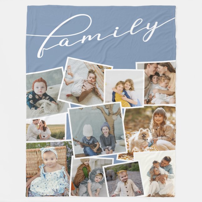 Slate Blue Scattered Photos Photo Collage Family Fleece Blanket (Front)