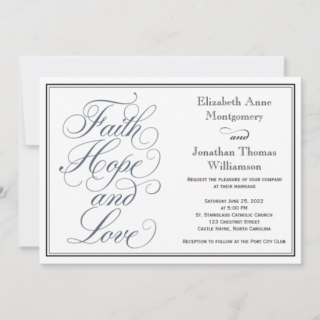 Slate Blue Script Faith Hope & Love Wedding Invitation (Front)