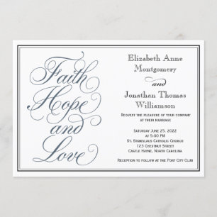 Slate Blue Script Faith Hope & Love Wedding Invitation