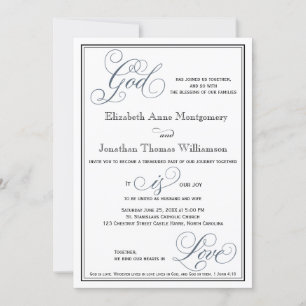 Slate Blue Script God is Love Christian Wedding Invitation