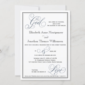 Slate Blue Script God is Love Christian Wedding Invitation