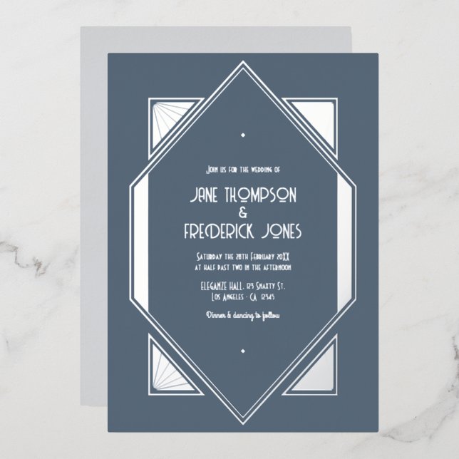 Slate Blue & Silver Gatsby Art Deco Wedding (Front/Back)
