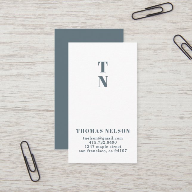  Slate Blue Simple Minimalist Monogram Business Card (Front/Back In Situ)