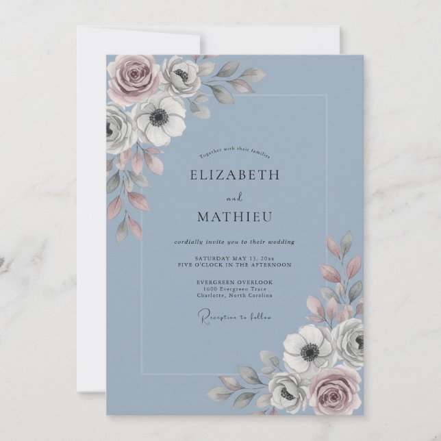 Slate Blue Soft Botanical Wedding Invitation (Front)