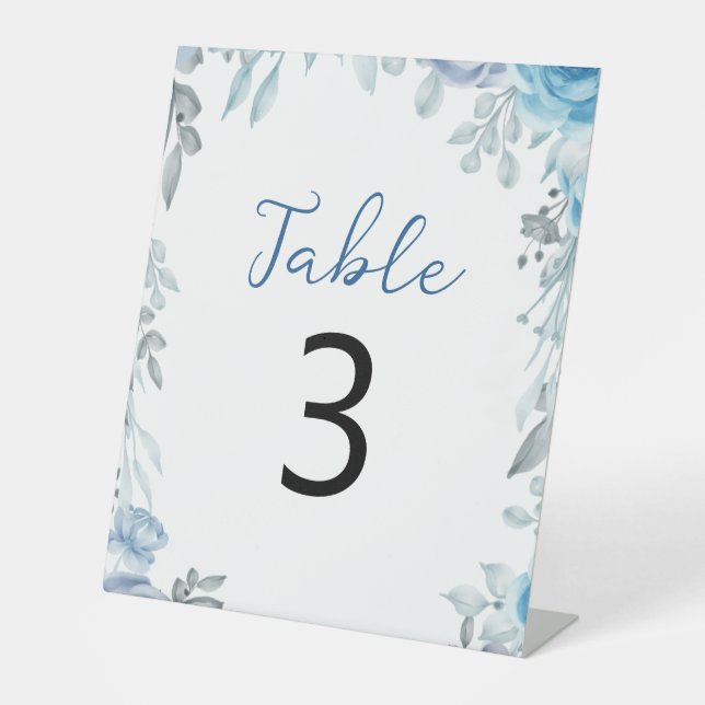 Slate Blue Soft Grey Botanical Frame Table Number Pedestal Sign (Front)